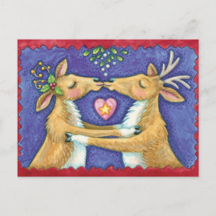 Cute Christmas Reindeer, Romantic Kiss w Mistletoe Holiday Postcard