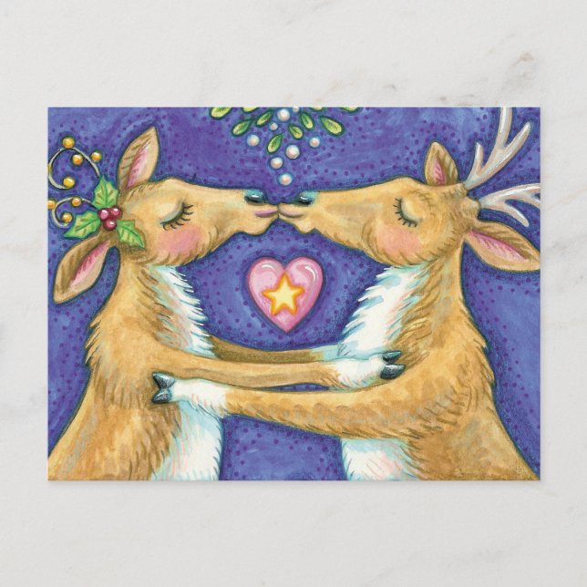Cute Christmas Reindeer, Romantic Kiss w Mistletoe Holiday Postcard (Front)