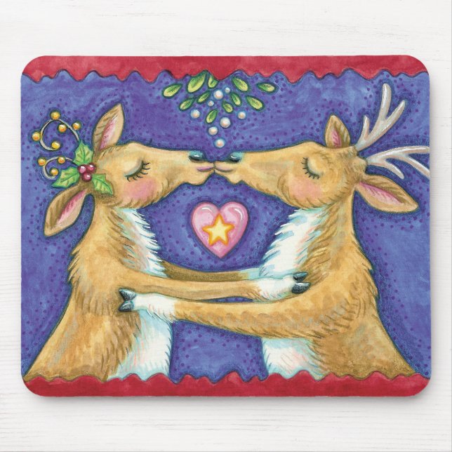 Cute Christmas Reindeer, Romantic Kiss w Mistletoe Mouse Mat (Front)