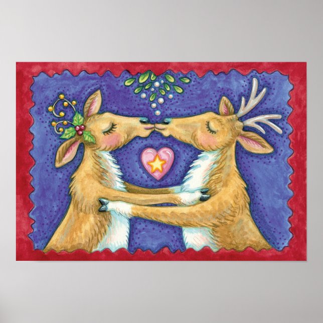 Cute Christmas Reindeer, Romantic Kiss w Mistletoe Poster (Front)
