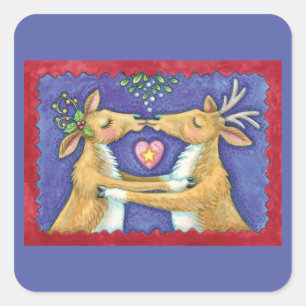 Cute Christmas Reindeer, Romantic Kiss w Mistletoe Square Sticker