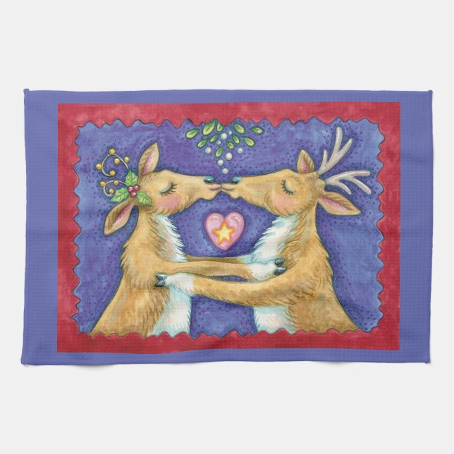 Cute Christmas Reindeer, Romantic Kiss w Mistletoe Tea Towel (Horizontal)