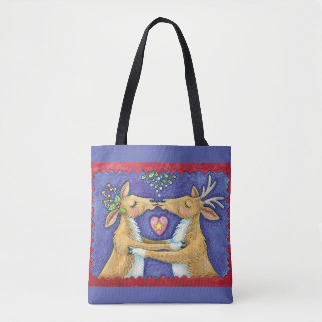 Cute Christmas Reindeer, Romantic Kiss w Mistletoe Tote Bag (Front)