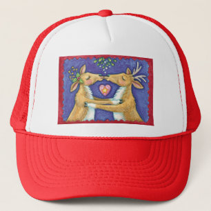 Cute Christmas Reindeer, Romantic Kiss w Mistletoe Trucker Hat