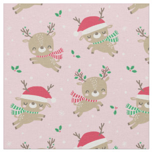 Cute Christmas Reindeer Santa Hats on pink Fabric