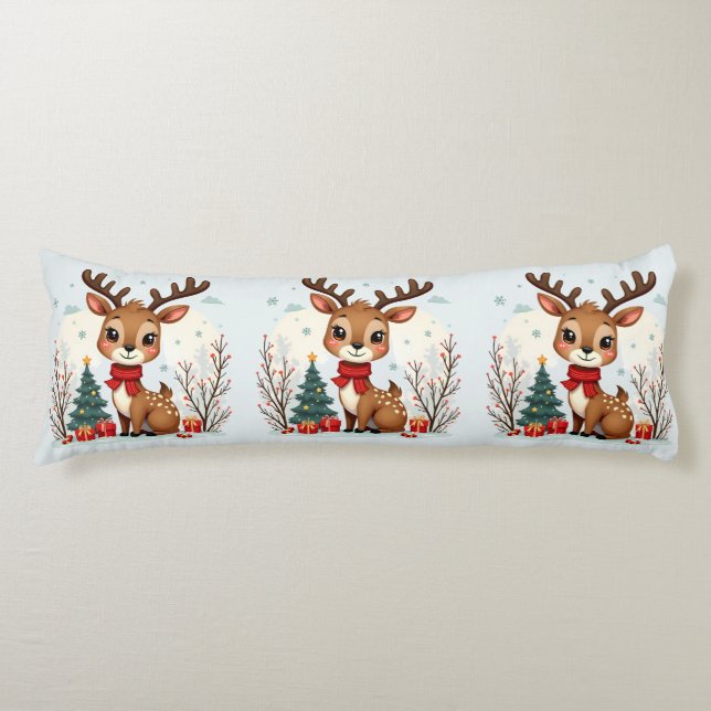 Cute Christmas Reindeer Scene Snowy Forest Body Cushion (Front)