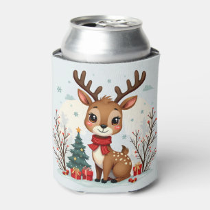 Cute Christmas Reindeer Scene Snowy Forest Can Cooler
