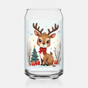 Cute Christmas Reindeer Scene Snowy Forest Can Glass