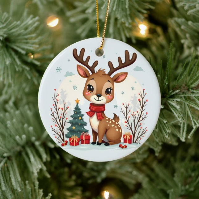 Cute Christmas Reindeer Scene Snowy Forest Ceramic Tree Decoration (Tree)