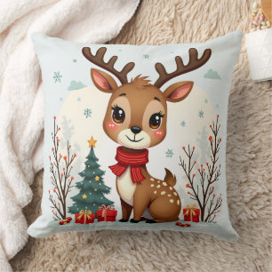 Cute Christmas Reindeer Scene Snowy Forest Cushion