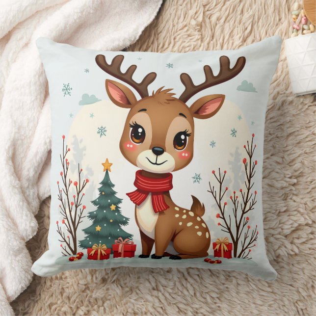 Cute Christmas Reindeer Scene Snowy Forest Cushion (Blanket)
