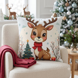 Cute Christmas Reindeer Scene Snowy Forest Cushion