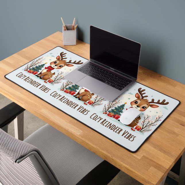 Cute Christmas Reindeer Scene Snowy Forest Desk Mat (Office 2)