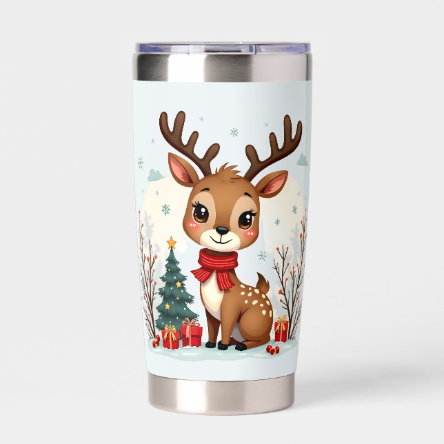 Cute Christmas Reindeer Scene Snowy Forest Insulated Tumbler (Front)