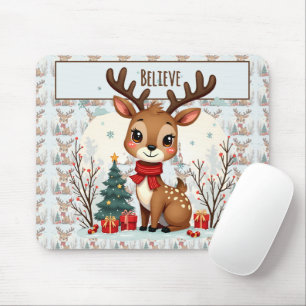 Cute Christmas Reindeer Scene Snowy Forest Mouse Mat