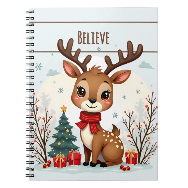 Cute Christmas Reindeer Scene Snowy Forest Notebook (Front)