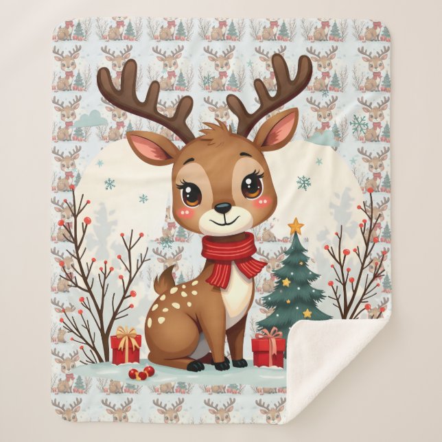Cute Christmas Reindeer Scene Snowy Forest Sherpa Blanket (Front)
