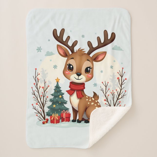 Cute Christmas Reindeer Scene Snowy Forest Sherpa Blanket (Front)