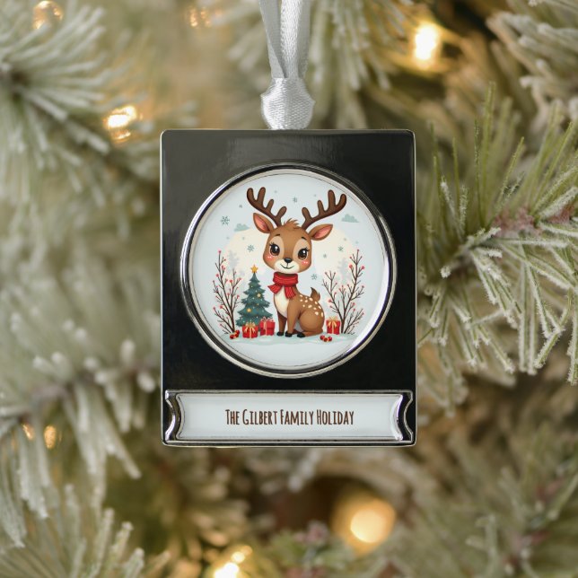 Cute Christmas Reindeer Scene Snowy Forest Silver Plated Banner Ornament (Tree)