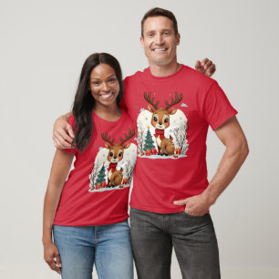 Cute Christmas Reindeer Scene Snowy Forest T-Shirt