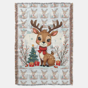 Cute Christmas Reindeer Scene Snowy Forest Throw Blanket