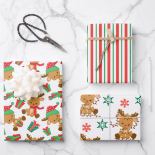 Cute Christmas Reindeer Snowflake Stripes Wrapping Paper Sheet