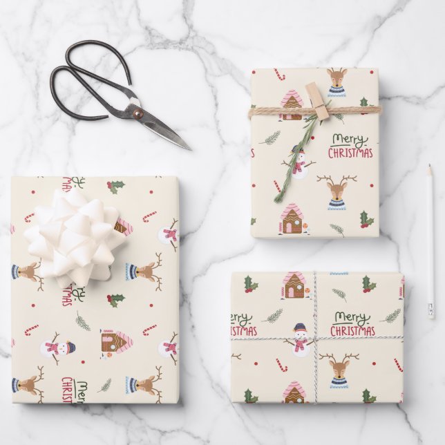 Cute Christmas Reindeer Snowman Pattern Whimsical  Wrapping Paper Sheet (Front)