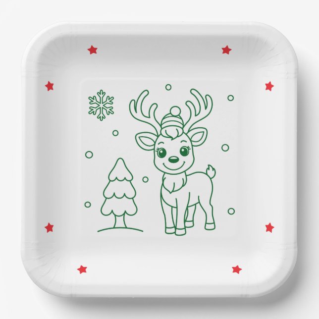 Cute Christmas Reindeer Square Paper Plate (Front)