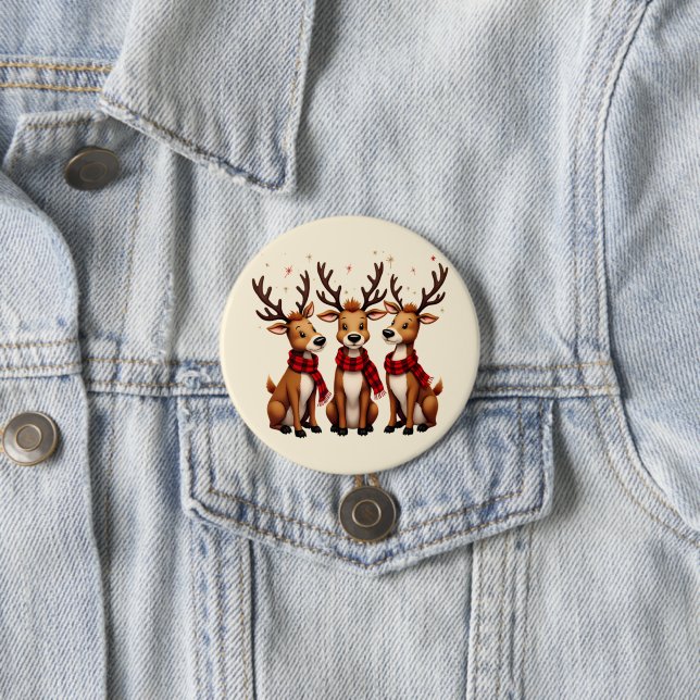 Cute Christmas Reindeer Trio with Plaid Scarves 7.5 Cm Round Badge (In Situ)