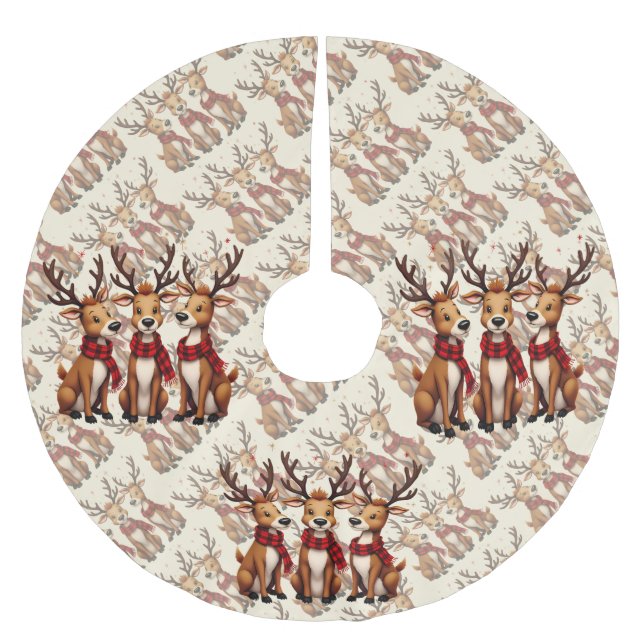 Cute Christmas Reindeer Trio with Plaid Scarves Brushed Polyester Tree Skirt (Front)