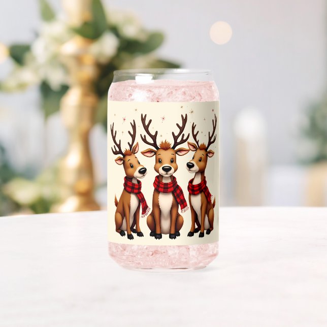 Cute Christmas Reindeer Trio with Plaid Scarves Can Glass (Insitu (Wedding))