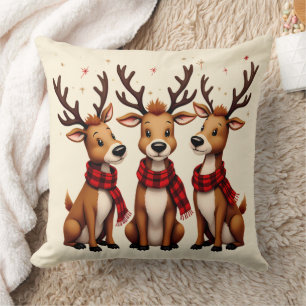 Cute Christmas Reindeer Trio with Plaid Scarves Cushion