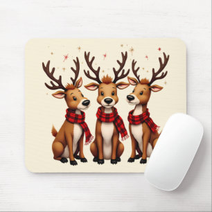 Cute Christmas Reindeer Trio with Plaid Scarves Mouse Mat