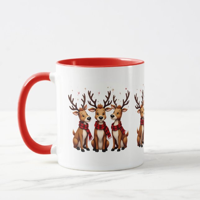 Cute Christmas Reindeer Trio with Plaid Scarves Mug (Left)