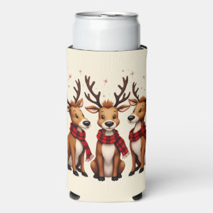 Cute Christmas Reindeer Trio with Plaid Scarves Seltzer Can Cooler