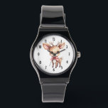 Cute Christmas Reindeer Watch<br><div class="desc">A watch with an illustration of an adorable baby deer. Big eyes big ears with a large head and little brown antlers. Wearing a big red bow.</div>