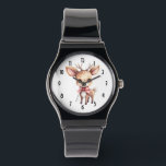 Cute Christmas Reindeer Watch<br><div class="desc">A watch with an illustration of an adorable baby deer. Big eyes big ears with a large head and little brown antlers. Wearing a big red bow.</div>