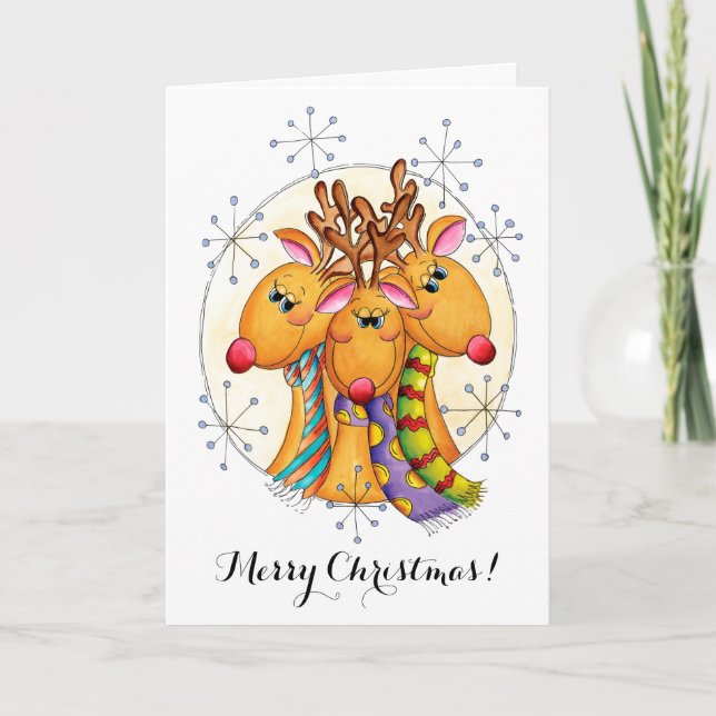 Cute Christmas Reindeer Wearing Scarves with Stars Holiday Card (Front)