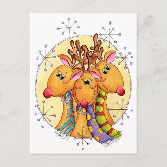 Cute Christmas Reindeer Wearing Scarves with Stars Holiday Postcard (Front)