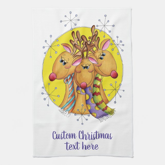 Cute Christmas Reindeer Wearing Scarves with Stars Tea Towel (Vertical)