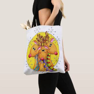 Cute Christmas Reindeer Wearing Scarves with Stars Tote Bag