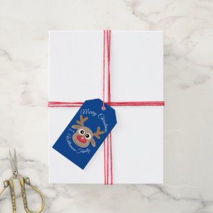 Cute Christmas Reindeer White Script Name Blue Gift Tags