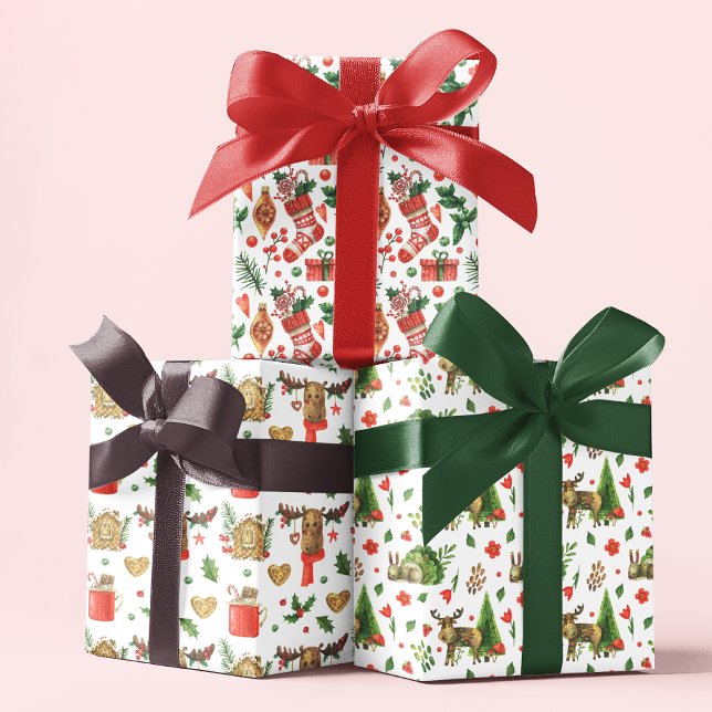Cute Christmas Reindeer Winter Watercolor Patterns Wrapping Paper Sheet (Creator Uploaded)