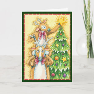 Cute Christmas Reindeer With Christmas Tree Star Holiday Card