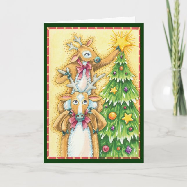 Cute Christmas Reindeer With Christmas Tree Star Holiday Card (Front)