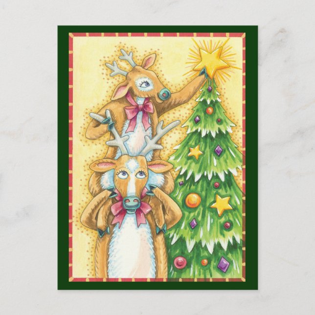 Cute Christmas Reindeer With Christmas Tree Star Holiday Postcard (Front)