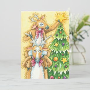 Cute Christmas Reindeer With Christmas Tree Star Invitation