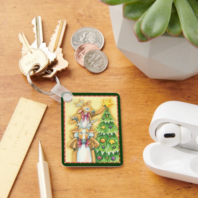 Cute Christmas Reindeer With Christmas Tree Star Key Ring (Desk)