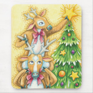 Cute Christmas Reindeer With Christmas Tree Star Mouse Mat