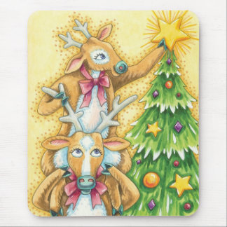 Cute Christmas Reindeer With Christmas Tree Star Mouse Mat